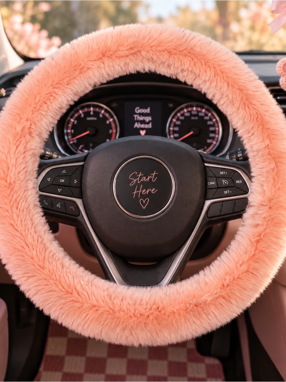 Pink fuzzy steering wheel cover one size